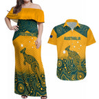 Custom Australia Rugby Couples Matching Off Shoulder Maxi Dress and Hawaiian Shirt Wallabies Aboriginal Pattern