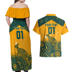 Custom Australia Rugby Couples Matching Off Shoulder Maxi Dress and Hawaiian Shirt Wallabies Aboriginal Pattern