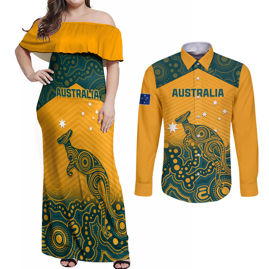 Custom Australia Rugby Couples Matching Off Shoulder Maxi Dress and Long Sleeve Button Shirt Wallabies Aboriginal Pattern