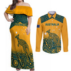 Custom Australia Rugby Couples Matching Off Shoulder Maxi Dress and Long Sleeve Button Shirt Wallabies Aboriginal Pattern
