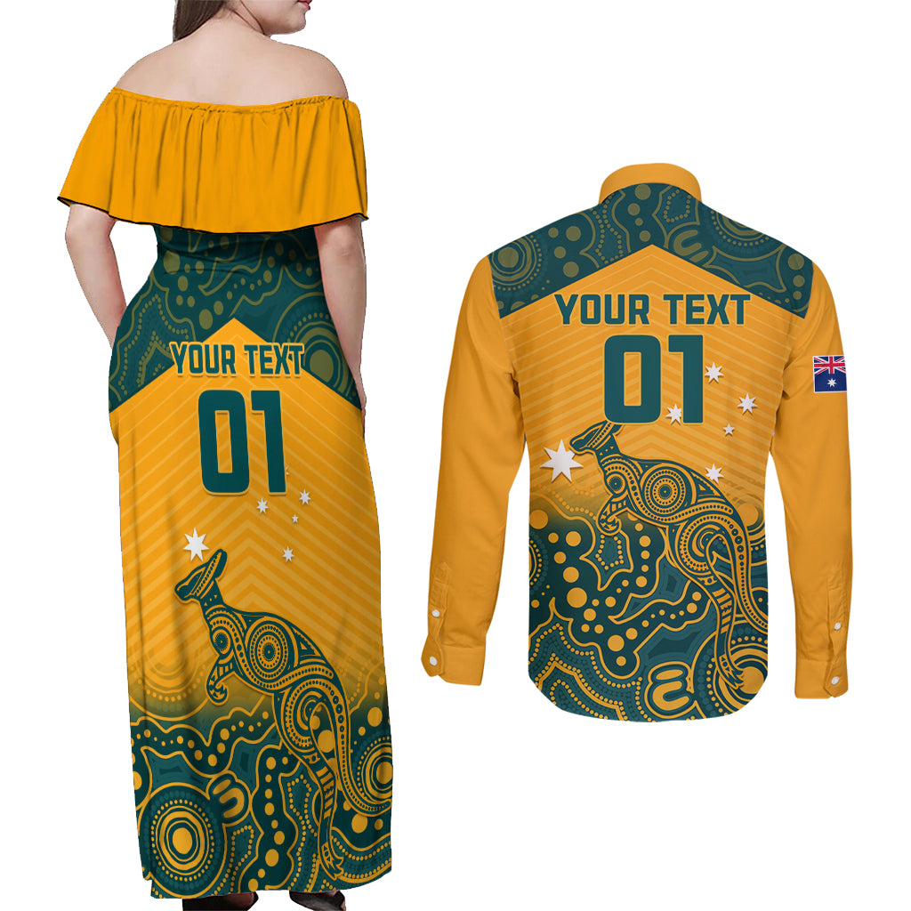 Custom Australia Rugby Couples Matching Off Shoulder Maxi Dress and Long Sleeve Button Shirt Wallabies Aboriginal Pattern