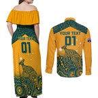 Custom Australia Rugby Couples Matching Off Shoulder Maxi Dress and Long Sleeve Button Shirt Wallabies Aboriginal Pattern