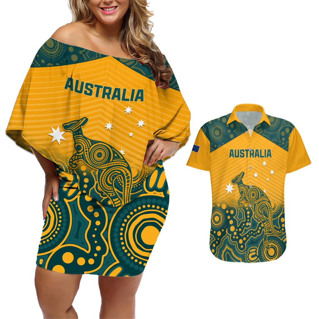 Custom Australia Rugby Couples Matching Off Shoulder Short Dress and Hawaiian Shirt Wallabies Aboriginal Pattern