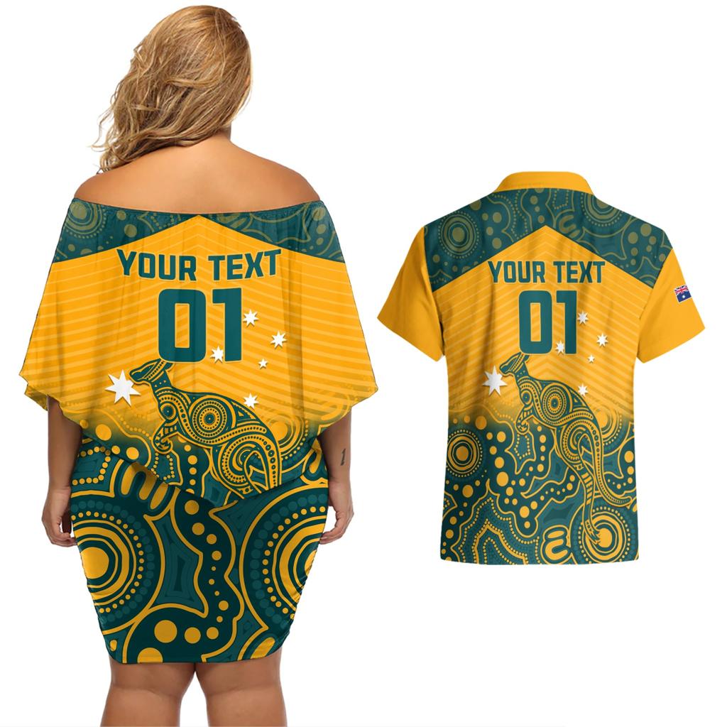 Custom Australia Rugby Couples Matching Off Shoulder Short Dress and Hawaiian Shirt Wallabies Aboriginal Pattern