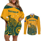 Custom Australia Rugby Couples Matching Off Shoulder Short Dress and Long Sleeve Button Shirt Wallabies Aboriginal Pattern