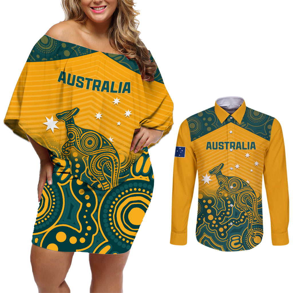 Custom Australia Rugby Couples Matching Off Shoulder Short Dress and Long Sleeve Button Shirt Wallabies Aboriginal Pattern