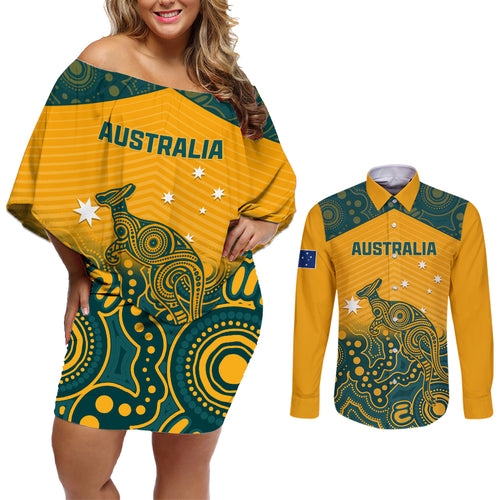 Custom Australia Rugby Couples Matching Off Shoulder Short Dress and Long Sleeve Button Shirt Wallabies Aboriginal Pattern