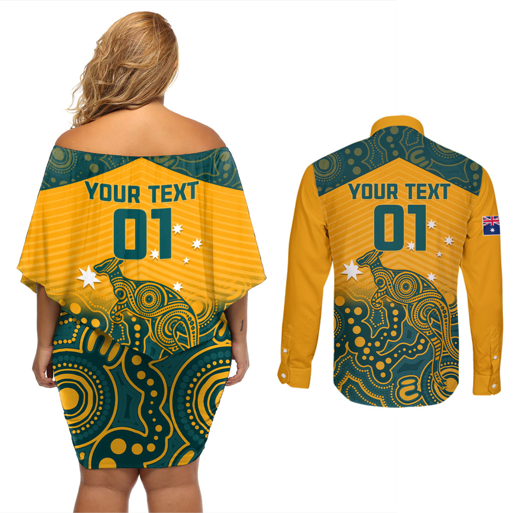 Custom Australia Rugby Couples Matching Off Shoulder Short Dress and Long Sleeve Button Shirt Wallabies Aboriginal Pattern