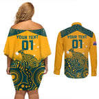 Custom Australia Rugby Couples Matching Off Shoulder Short Dress and Long Sleeve Button Shirt Wallabies Aboriginal Pattern