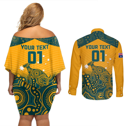 Custom Australia Rugby Couples Matching Off Shoulder Short Dress and Long Sleeve Button Shirt Wallabies Aboriginal Pattern