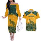 Custom Australia Rugby Couples Matching Off The Shoulder Long Sleeve Dress and Hawaiian Shirt Wallabies Aboriginal Pattern
