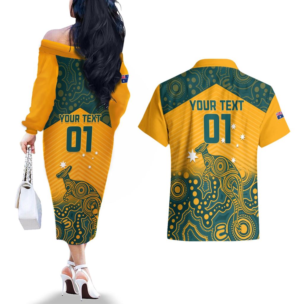 Custom Australia Rugby Couples Matching Off The Shoulder Long Sleeve Dress and Hawaiian Shirt Wallabies Aboriginal Pattern