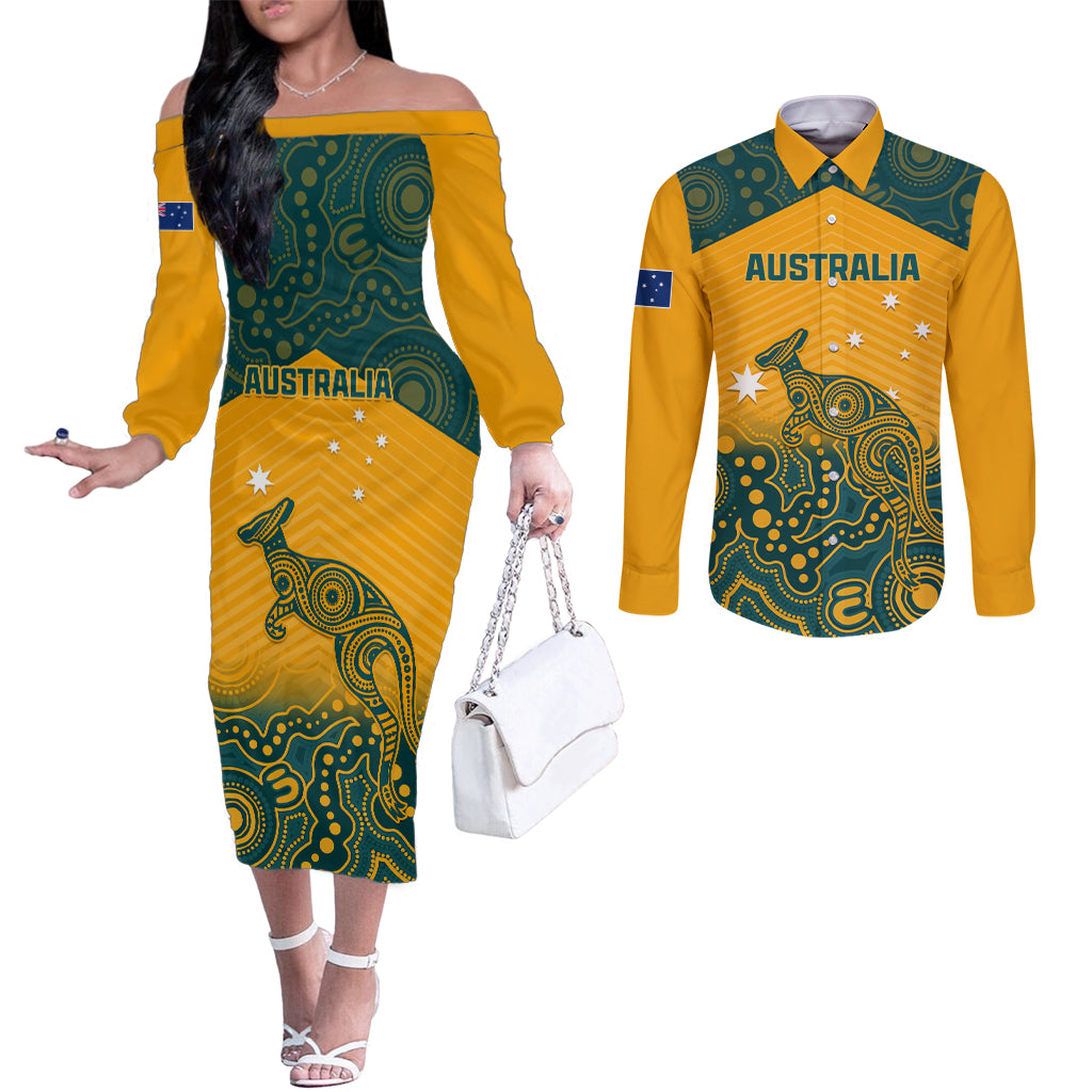 Custom Australia Rugby Couples Matching Off The Shoulder Long Sleeve Dress and Long Sleeve Button Shirt Wallabies Aboriginal Pattern