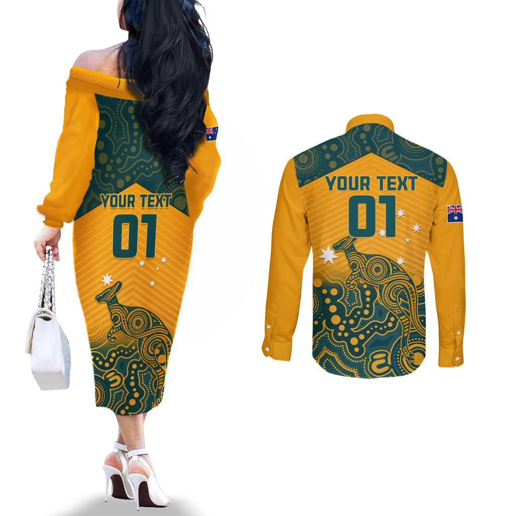 Custom Australia Rugby Couples Matching Off The Shoulder Long Sleeve Dress and Long Sleeve Button Shirt Wallabies Aboriginal Pattern