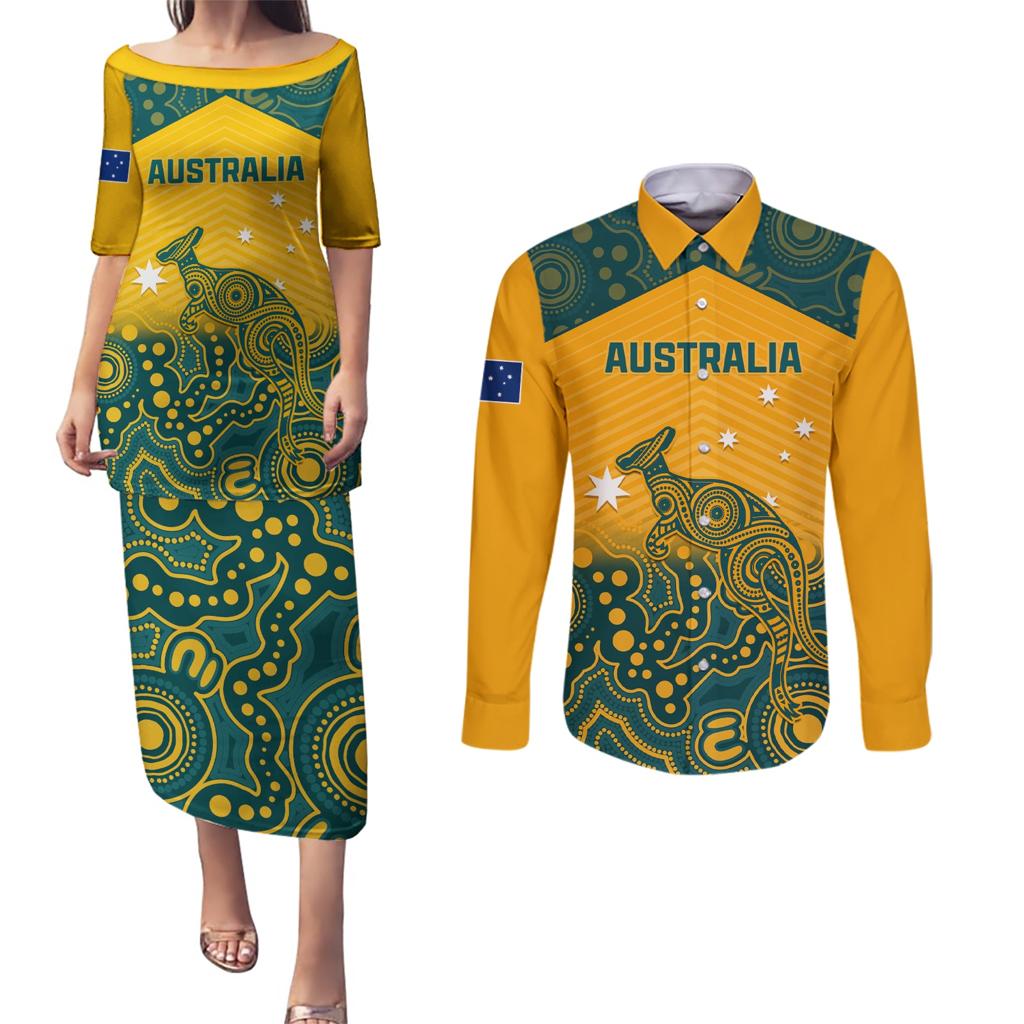 Custom Australia Rugby Couples Matching Puletasi and Long Sleeve Button Shirt Wallabies Aboriginal Pattern