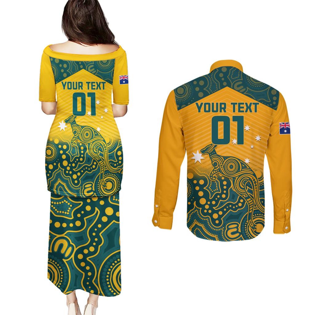 Custom Australia Rugby Couples Matching Puletasi and Long Sleeve Button Shirt Wallabies Aboriginal Pattern