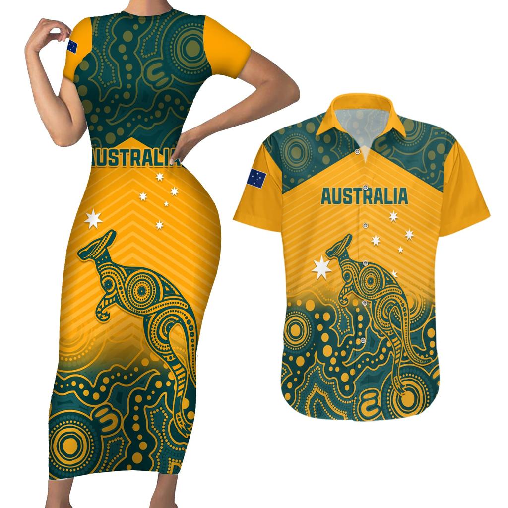Custom Australia Rugby Couples Matching Short Sleeve Bodycon Dress and Hawaiian Shirt Wallabies Aboriginal Pattern