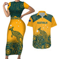 Custom Australia Rugby Couples Matching Short Sleeve Bodycon Dress and Hawaiian Shirt Wallabies Aboriginal Pattern