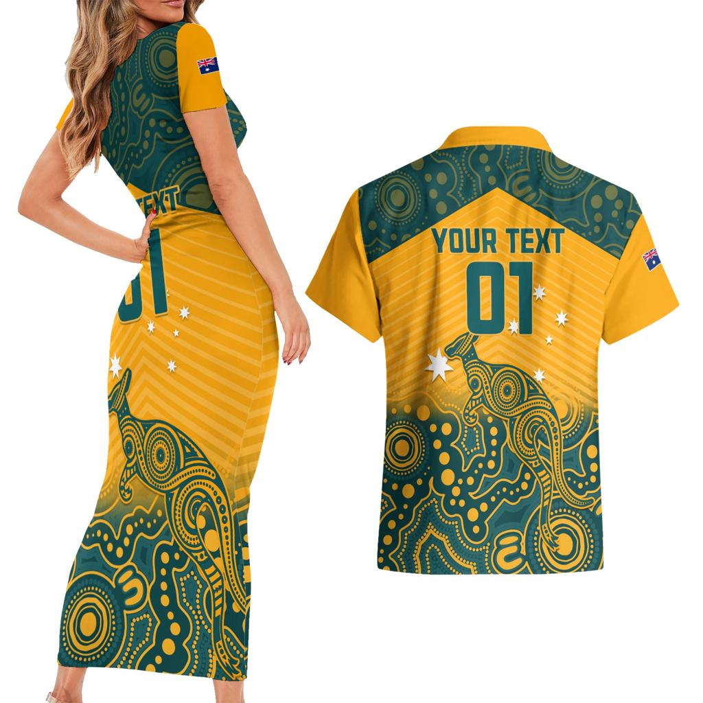 Custom Australia Rugby Couples Matching Short Sleeve Bodycon Dress and Hawaiian Shirt Wallabies Aboriginal Pattern