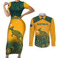 Custom Australia Rugby Couples Matching Short Sleeve Bodycon Dress and Long Sleeve Button Shirt Wallabies Aboriginal Pattern
