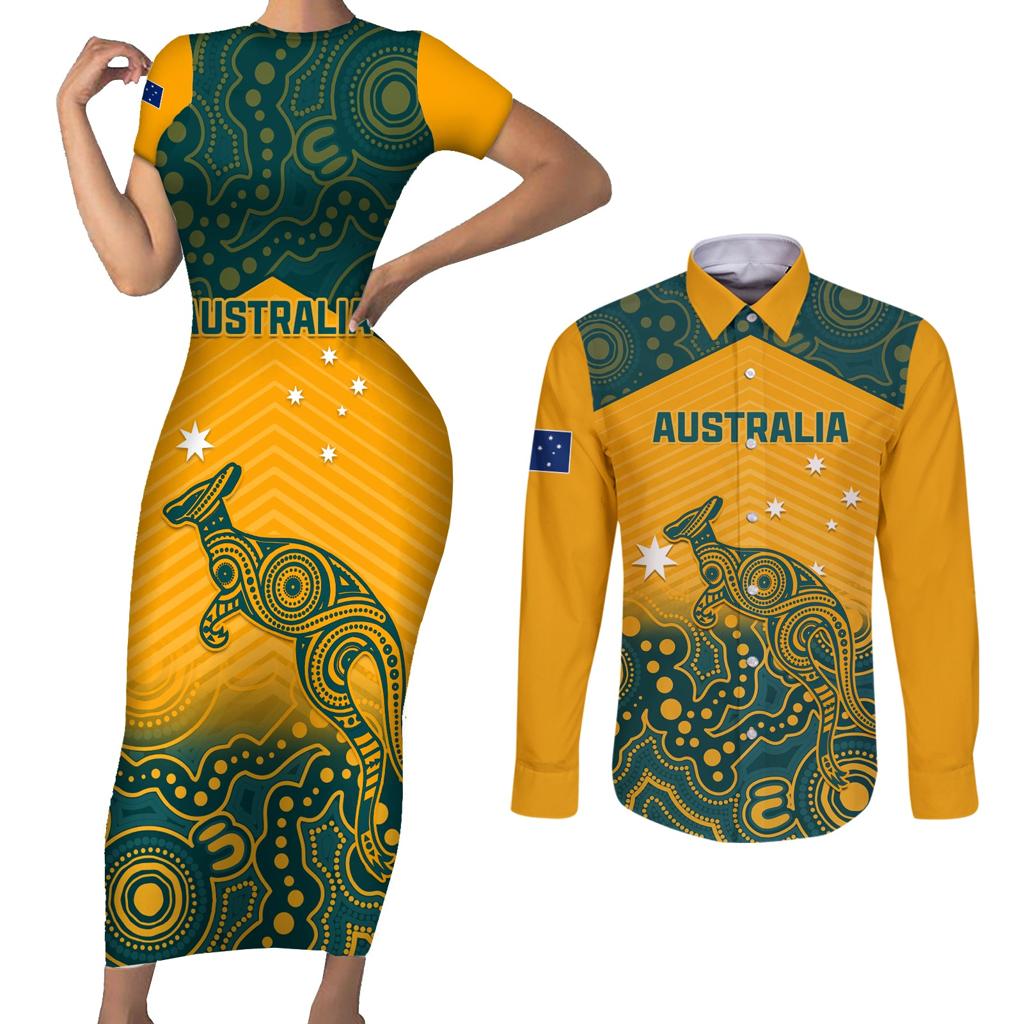 Custom Australia Rugby Couples Matching Short Sleeve Bodycon Dress and Long Sleeve Button Shirt Wallabies Aboriginal Pattern