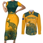 Custom Australia Rugby Couples Matching Short Sleeve Bodycon Dress and Long Sleeve Button Shirt Wallabies Aboriginal Pattern