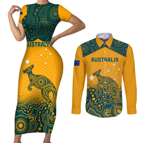 Custom Australia Rugby Couples Matching Short Sleeve Bodycon Dress and Long Sleeve Button Shirt Wallabies Aboriginal Pattern