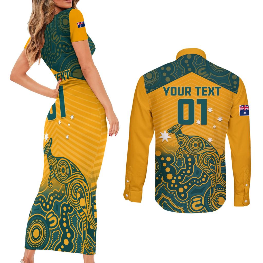Custom Australia Rugby Couples Matching Short Sleeve Bodycon Dress and Long Sleeve Button Shirt Wallabies Aboriginal Pattern