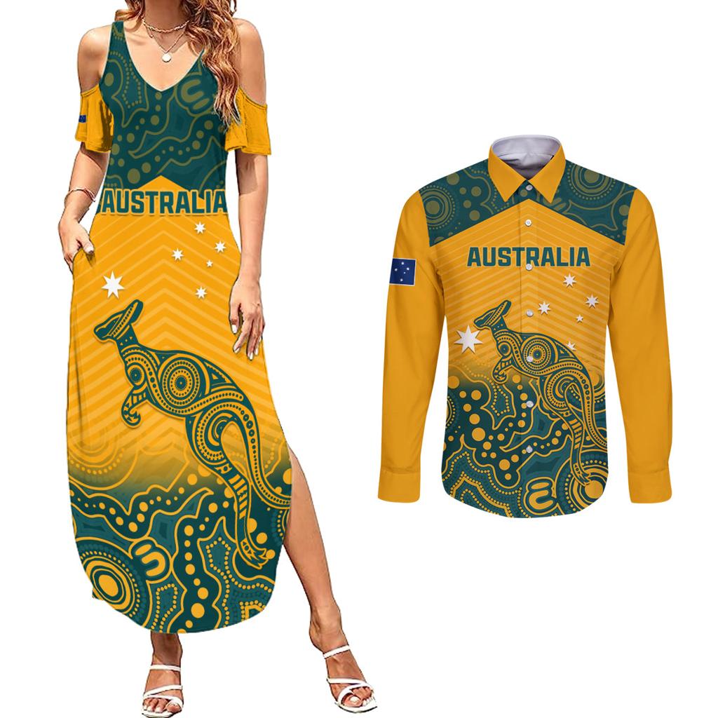Custom Australia Rugby Couples Matching Summer Maxi Dress and Long Sleeve Button Shirt Wallabies Aboriginal Pattern