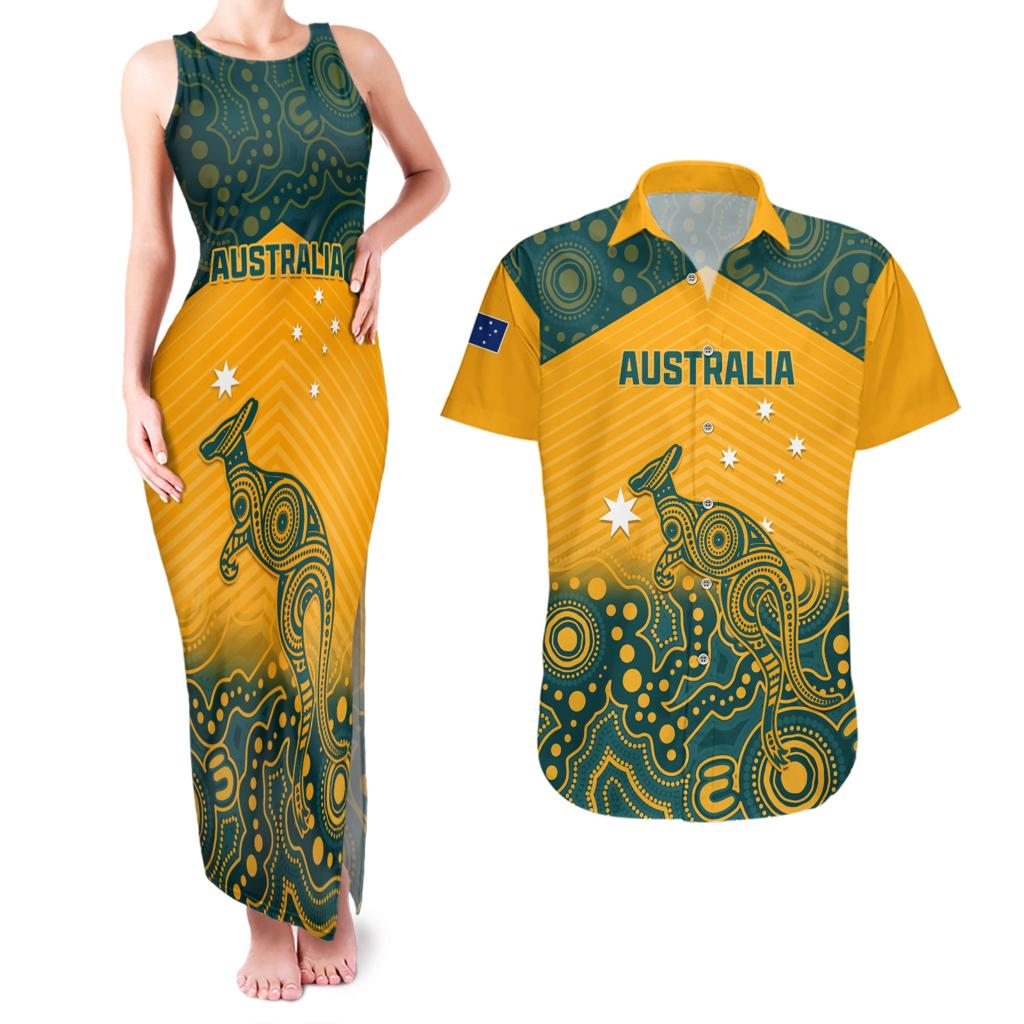 Custom Australia Rugby Couples Matching Tank Maxi Dress and Hawaiian Shirt Wallabies Aboriginal Pattern