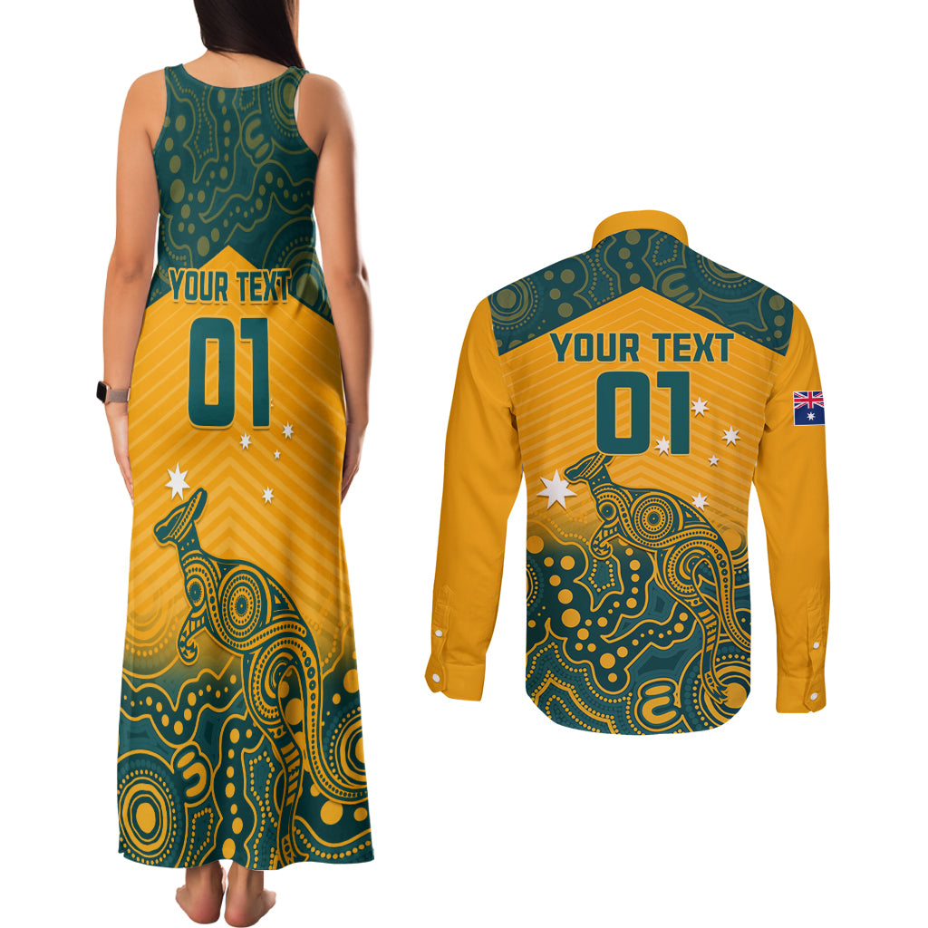 Custom Australia Rugby Couples Matching Tank Maxi Dress and Long Sleeve Button Shirt Wallabies Aboriginal Pattern