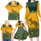 Custom Australia Rugby Family Matching Long Sleeve Bodycon Dress and Hawaiian Shirt Wallabies Aboriginal Pattern