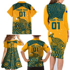Custom Australia Rugby Family Matching Long Sleeve Bodycon Dress and Hawaiian Shirt Wallabies Aboriginal Pattern