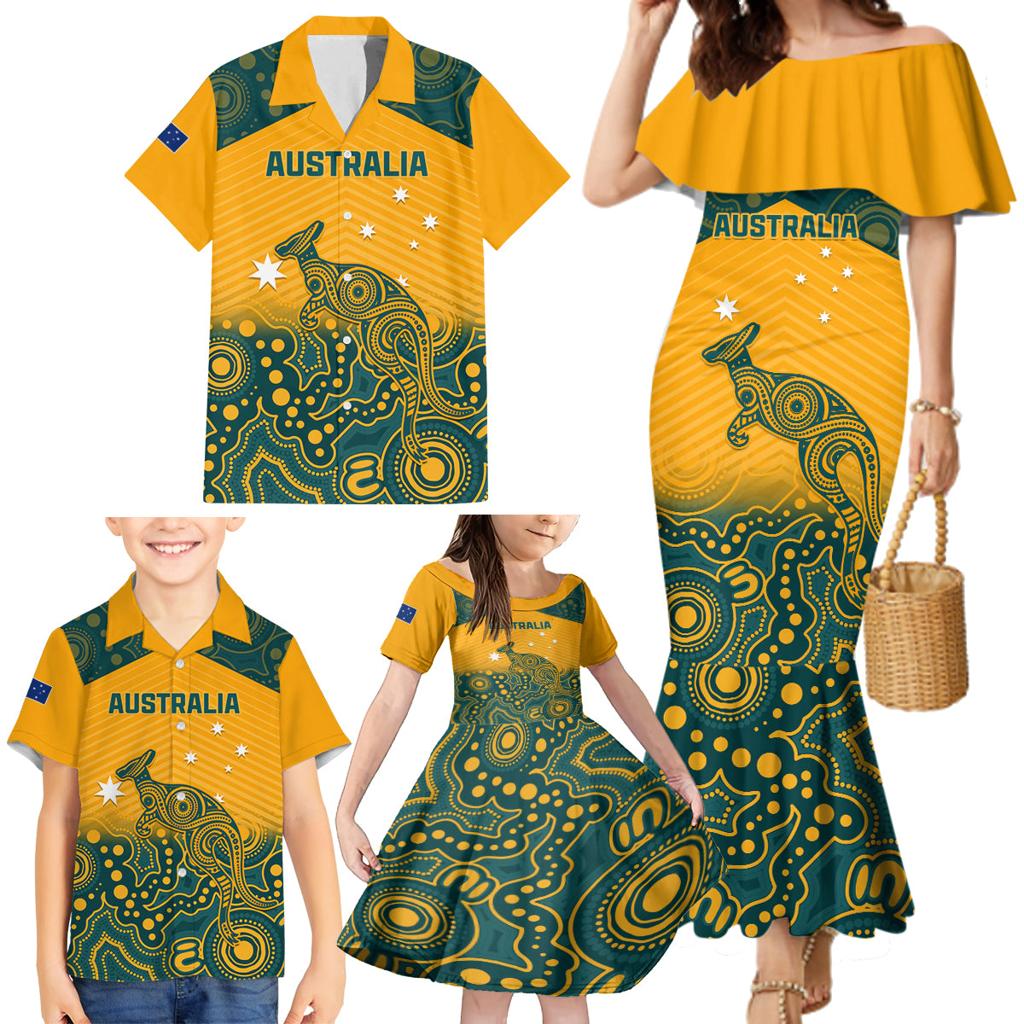 Custom Australia Rugby Family Matching Mermaid Dress and Hawaiian Shirt Wallabies Aboriginal Pattern