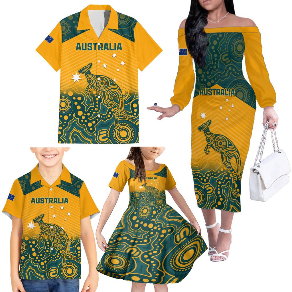 Custom Australia Rugby Family Matching Off The Shoulder Long Sleeve Dress and Hawaiian Shirt Wallabies Aboriginal Pattern