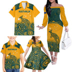 Custom Australia Rugby Family Matching Off The Shoulder Long Sleeve Dress and Hawaiian Shirt Wallabies Aboriginal Pattern