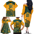 Custom Australia Rugby Family Matching Off The Shoulder Long Sleeve Dress and Hawaiian Shirt Wallabies Aboriginal Pattern