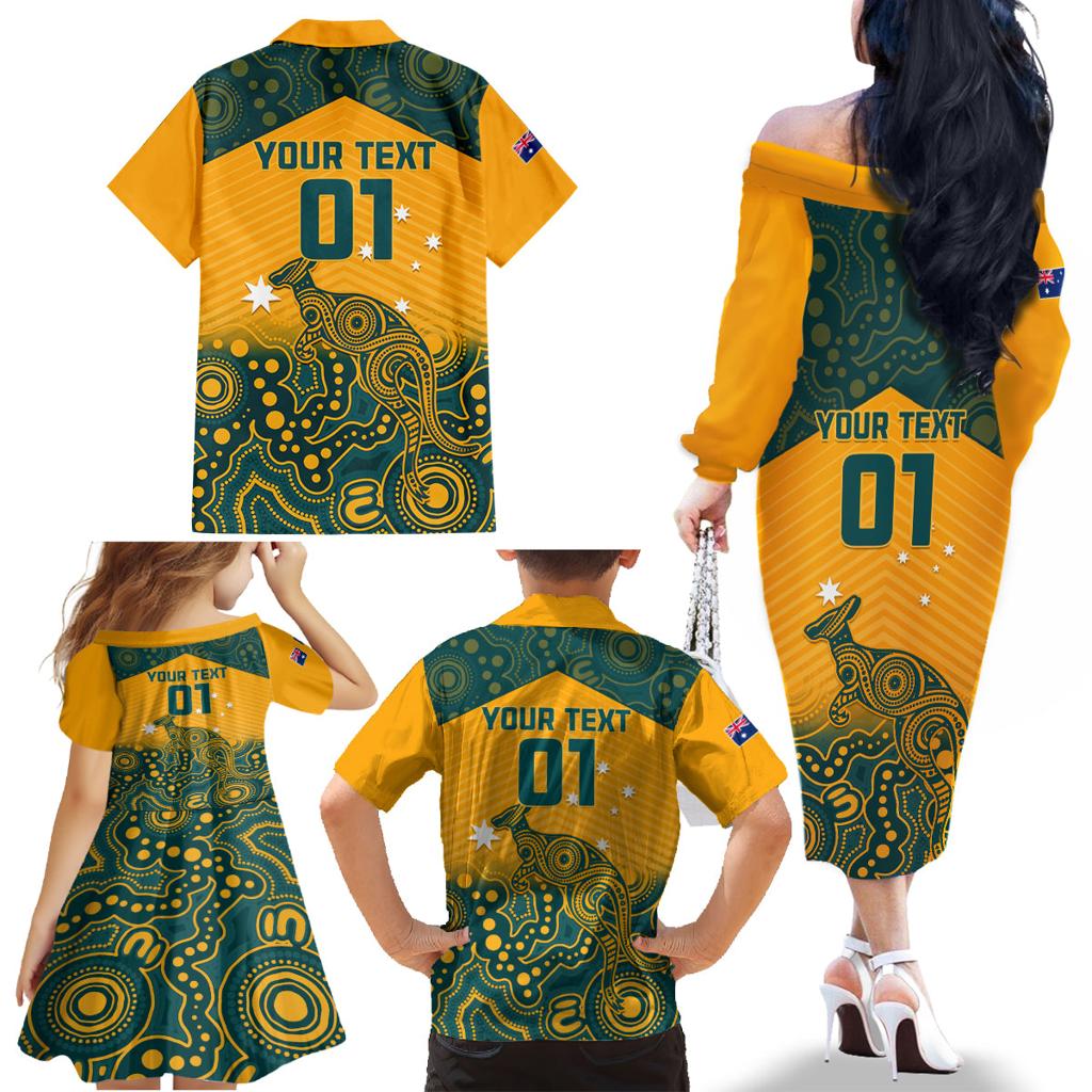 Custom Australia Rugby Family Matching Off The Shoulder Long Sleeve Dress and Hawaiian Shirt Wallabies Aboriginal Pattern