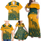 Custom Australia Rugby Family Matching Off Shoulder Maxi Dress and Hawaiian Shirt Wallabies Aboriginal Pattern
