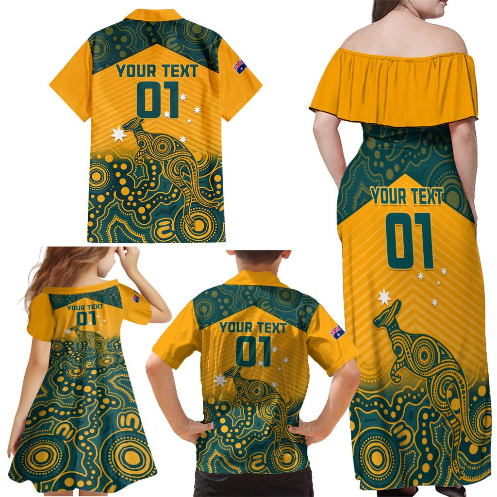 Custom Australia Rugby Family Matching Off Shoulder Maxi Dress and Hawaiian Shirt Wallabies Aboriginal Pattern