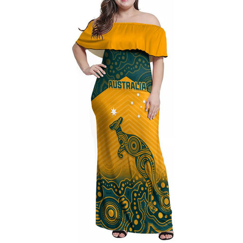 Custom Australia Rugby Family Matching Off Shoulder Maxi Dress and Hawaiian Shirt Wallabies Aboriginal Pattern