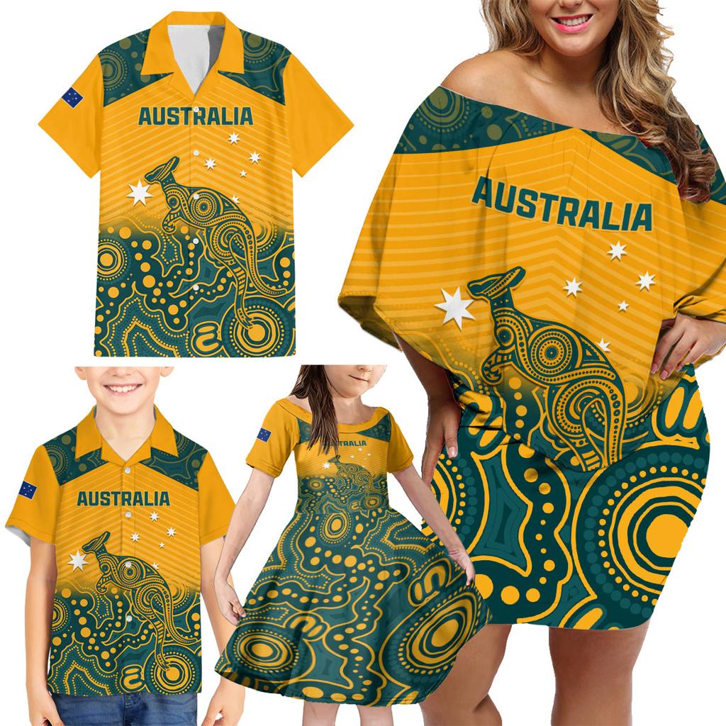 Custom Australia Rugby Family Matching Off Shoulder Short Dress and Hawaiian Shirt Wallabies Aboriginal Pattern