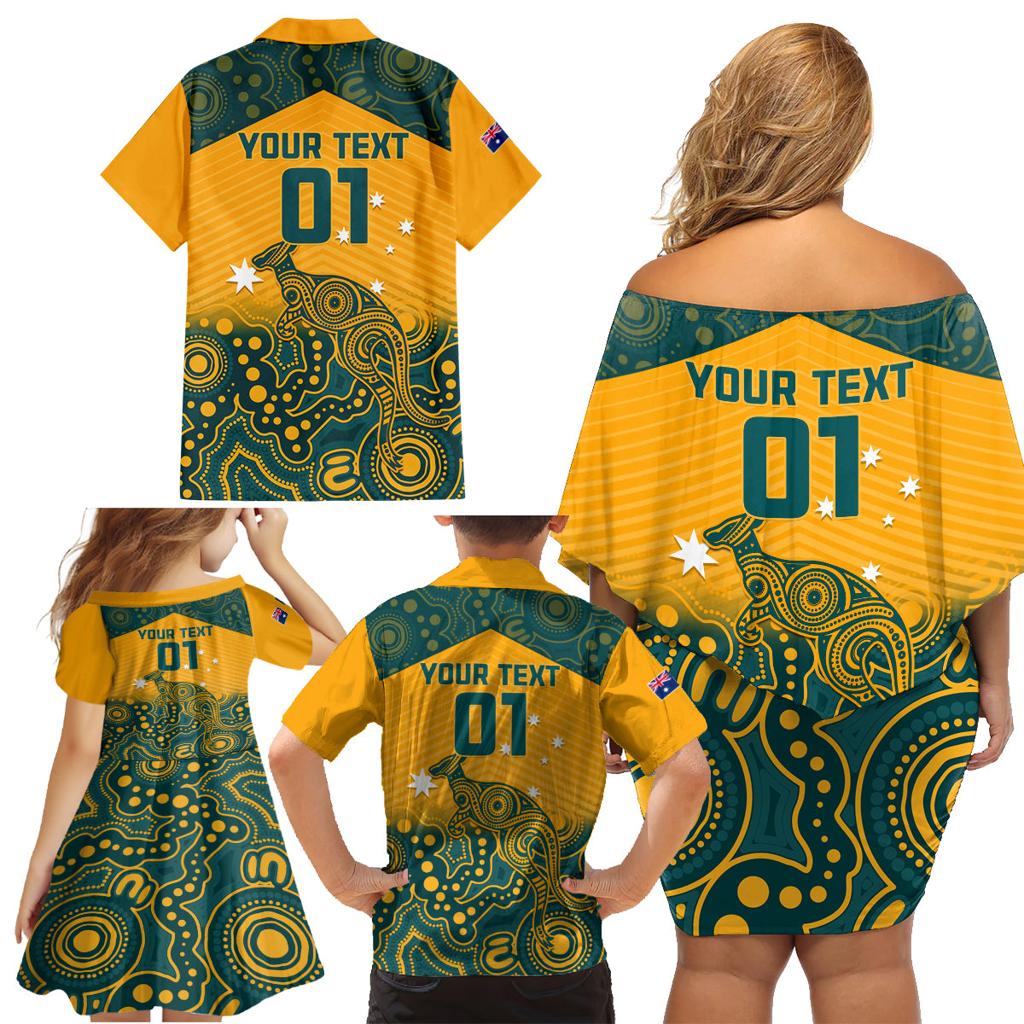 Custom Australia Rugby Family Matching Off Shoulder Short Dress and Hawaiian Shirt Wallabies Aboriginal Pattern