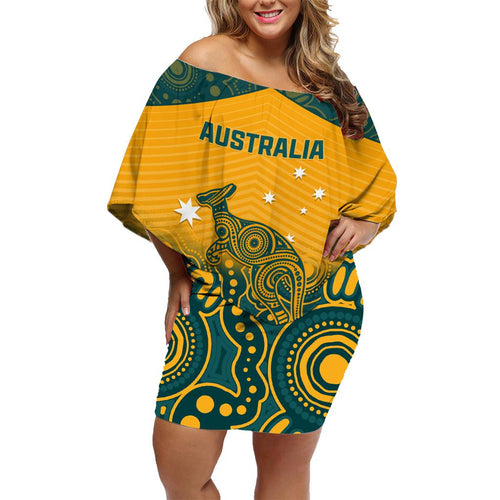 Custom Australia Rugby Family Matching Off Shoulder Short Dress and Hawaiian Shirt Wallabies Aboriginal Pattern