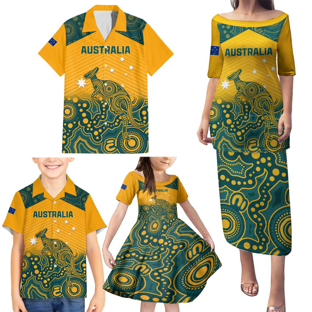 Custom Australia Rugby Family Matching Puletasi and Hawaiian Shirt Wallabies Aboriginal Pattern