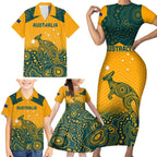 Custom Australia Rugby Family Matching Short Sleeve Bodycon Dress and Hawaiian Shirt Wallabies Aboriginal Pattern
