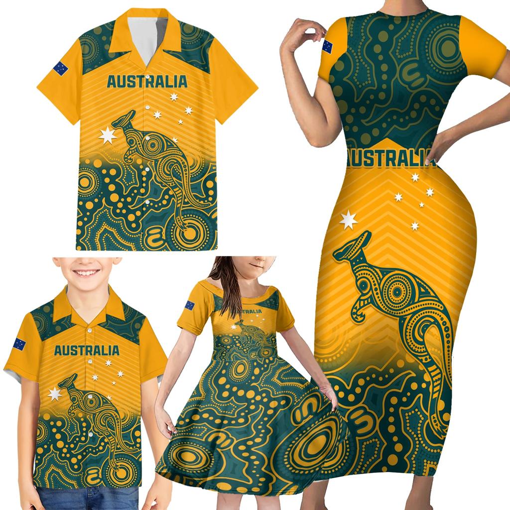 Custom Australia Rugby Family Matching Short Sleeve Bodycon Dress and Hawaiian Shirt Wallabies Aboriginal Pattern