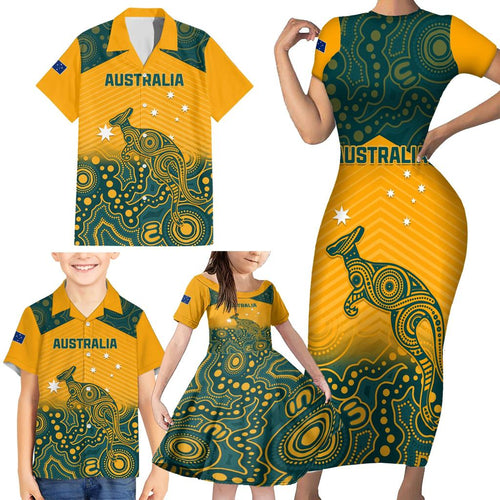 Custom Australia Rugby Family Matching Short Sleeve Bodycon Dress and Hawaiian Shirt Wallabies Aboriginal Pattern