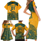Custom Australia Rugby Family Matching Short Sleeve Bodycon Dress and Hawaiian Shirt Wallabies Aboriginal Pattern