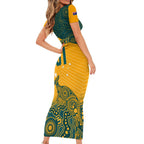 Custom Australia Rugby Family Matching Short Sleeve Bodycon Dress and Hawaiian Shirt Wallabies Aboriginal Pattern